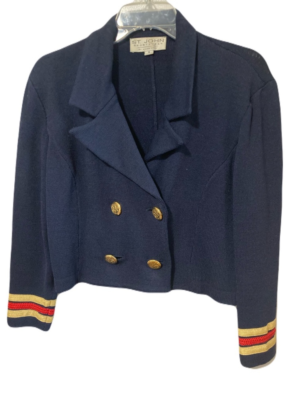 St. John Navy Double-Breasted Cropped Knit Blazer with Gold Buttons